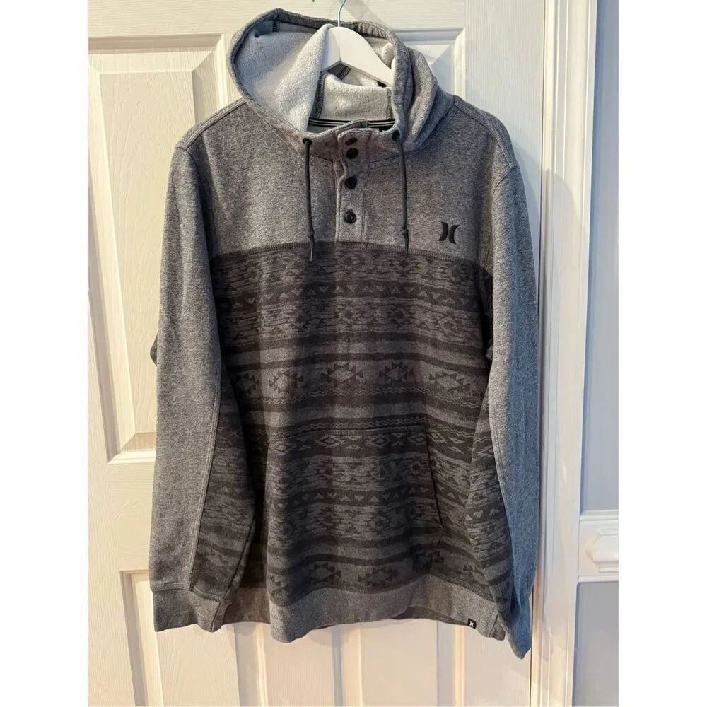 Hurley Gray &βBlack Tribal Print Neck Button Hoodie sz XL